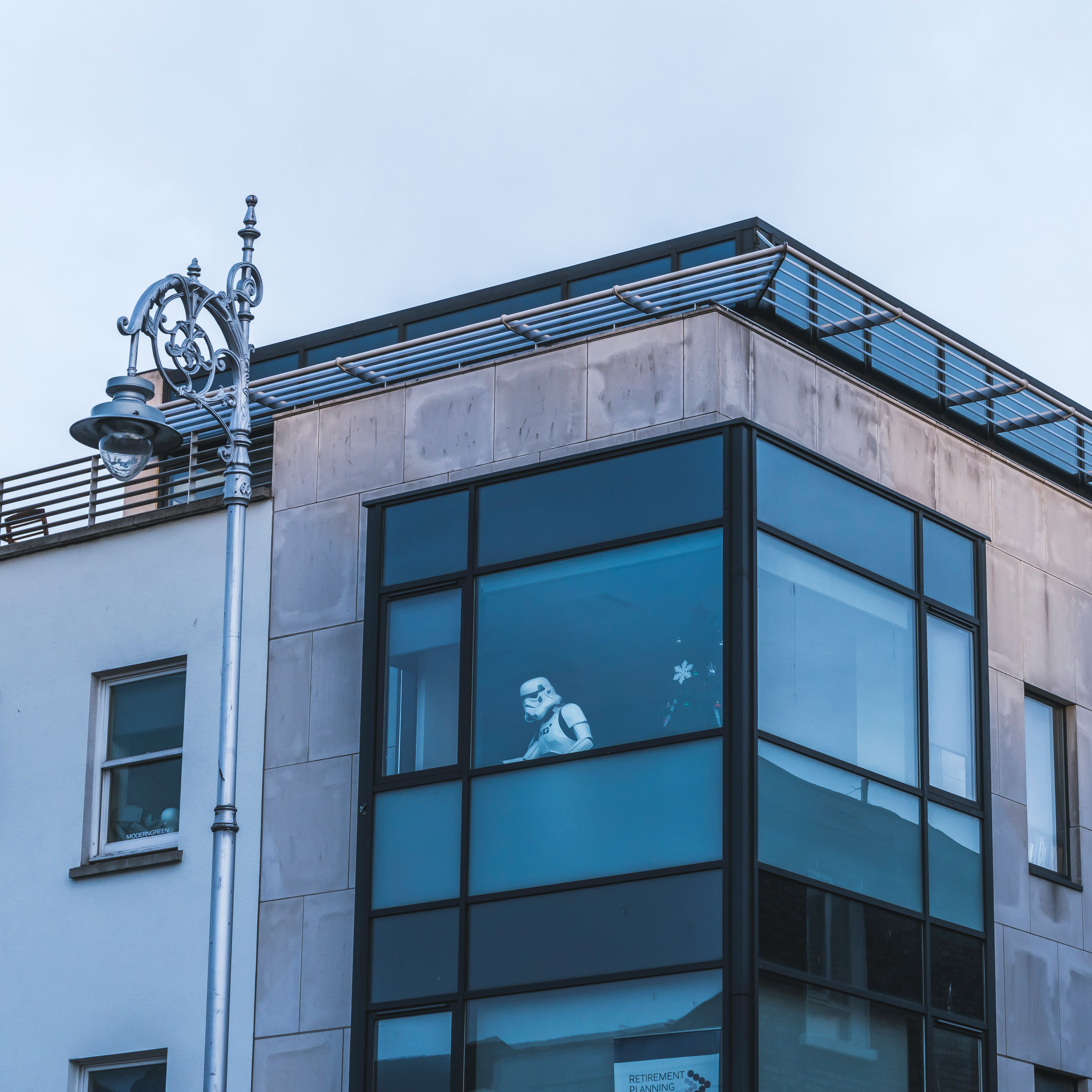 Star Wars Stormtrooper on glass window of building